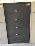 metal 5-drawer lateral file cabinet, dark gray, measures 36