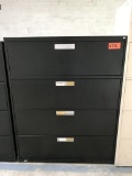 metal 4-drawer lateral file cabinet, black, measures 42