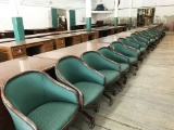conference chairs with wood, green fabric, rolls, 23pc