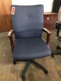 rolling arm chair, blue fabric with wood