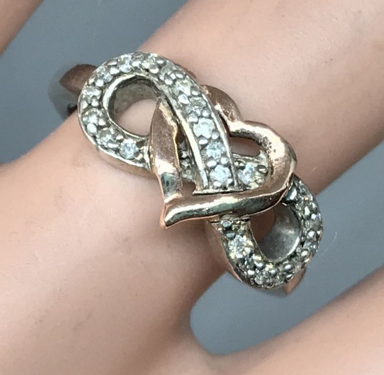 Diamond heart infinity ring; 3.2g sterling silver and rose gold; size 5.5