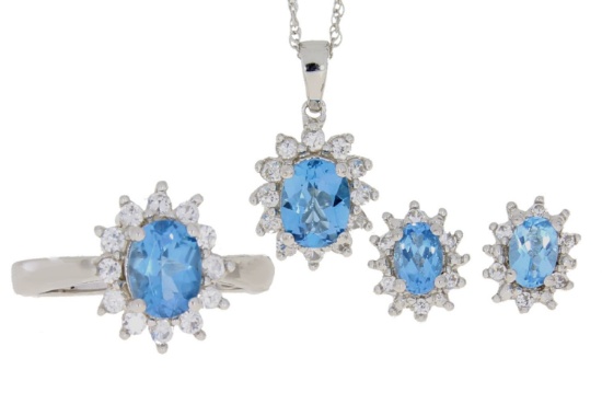 4.25ct Blue Topaz and 0.90ct Created Sapphire jewelry set in Sterling Silver. Includes 18'' necklace