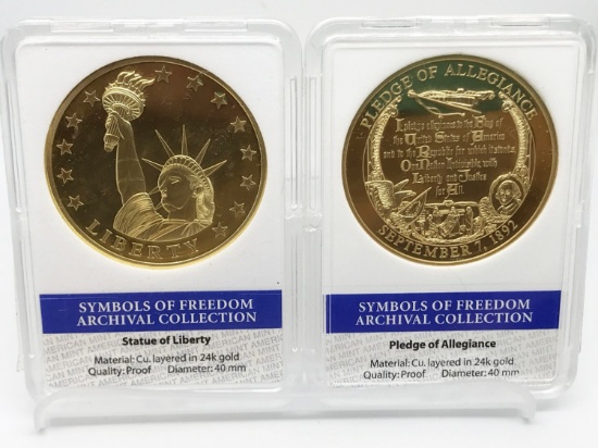 24kt gold plated Symbols of Freedom coins, proof quality, 40mm, American Mint limited edition. Statu