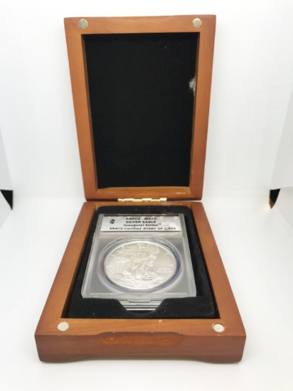 2010 Silver Eagle dollar in collector box, ANACS graded MS70, #0685 of 1995. Due to increased fraud 