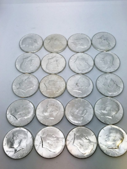 20pc uncirculated 1964 Kennedy silver half dollars. Due to increased fraud activity, any coin/jewelr