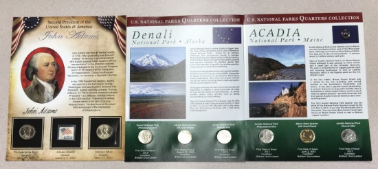 3 collectible quarter/stamp sets - John Adams, Denali National Park, Acadia National Park. Due to in