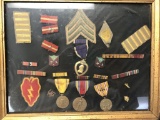 framed lot of World War II medals, including Purple Heart