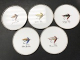 5pc vintage handpainted fishing flies coasters, signed by Carwin, sterling silver rims