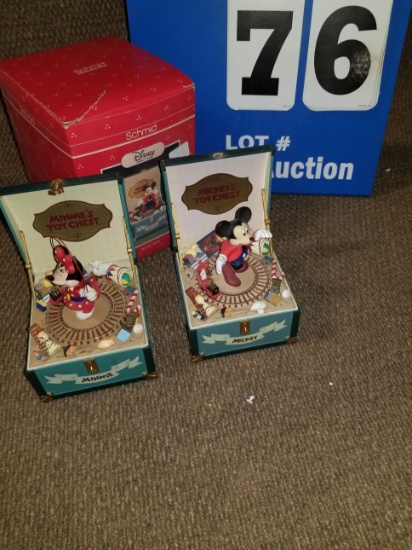 Two Schmid Music Boxes: Mickey's Toys Chest & Minnie's Toy Chest