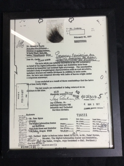 Framed COPY of a Genuine FBI Letter Relating to Bigfoot Hair