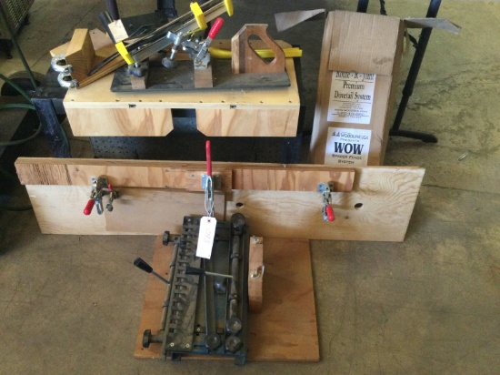 Assorted wood jigs, clamps, dovetail system, and a rolling cart