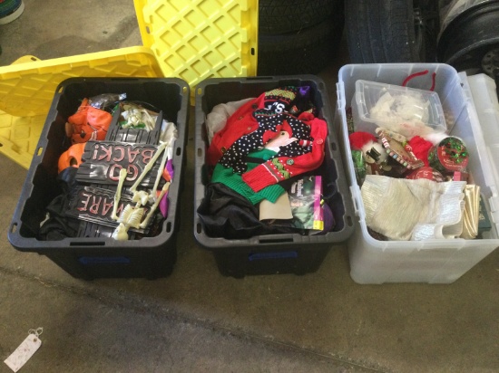 3 Totes of Holiday Decor. Christmas & Halloween