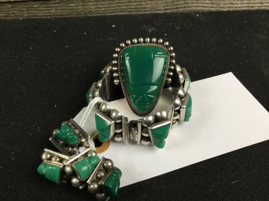 Mexican Sterling & green stone bracelet and ear rings