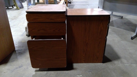 Wood End Tables with Drawers, one is missing its wheels
