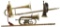 4 EUROPEAN BRASS MUSICAL INSTRUMENTS & A CANE.