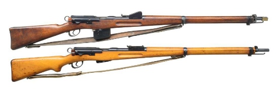 2 SWISS STRAIGHT PULL BOLT ACTION RIFLES.