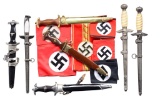 8 REPRO GERMAN DAGGERS, ARM BANDS, MEDALS, PINS &