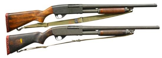 2 STEVENS MODEL 77E MILITARY RIOT PUMP SHOTGUNS.