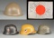 GROUPING OF HELMETS & PRAYER FLAG.