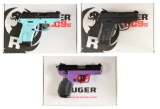 3 RUGER SEMI AUTO PISTOLS W/ ORIGINAL BOXES.