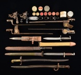 GROUPING OF BAYONETS, PERCUSSION CAPS & GUN PARTS.