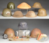 GROUPING OF MILITARY HELMETS & MILITARIA.