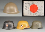 GROUPING OF HELMETS & PRAYER FLAG.