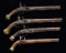 4 ORNATE FULL STOCKED FLINTLOCK PISTOLS.