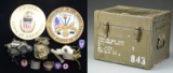 MILITARY CHEST W/ GAS MASKS, TIN CUPS & PATCHES.