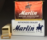MARLIN BANNER, DEALER SIGNS & RIFLE BOXES.