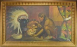 LARGE OIL PAINTING OF INDIAN BRAVE BY W. PETERS,