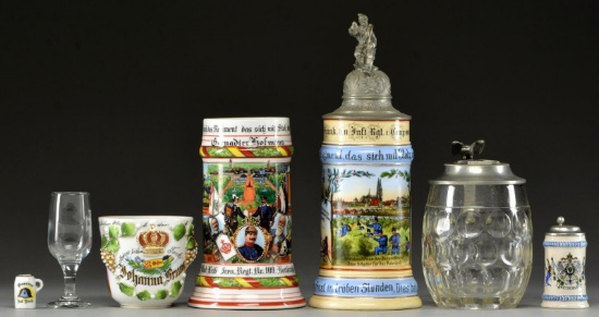 2 WWI GERMAN REGIMENTAL STEINS & 5 RELATED ITEMS.