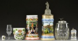 2 WWI GERMAN REGIMENTAL STEINS & 5 RELATED ITEMS.