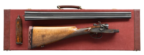ATTRACTIVE BELGIAN SXS HAMMER SHOTGUN WITH CASE.