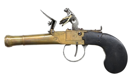 BELGIAN BRASS FLINTLOCK POCKET PISTOL.