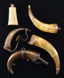 4 EARLY POWDER HORNS & A POWDER FLASK.