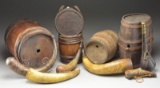 GROUP OF TEN 19TH CENTURY POWDER HORNS & KEGS.