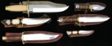 GROUP OF 6 CUSTOM KNIVES WITH SCABBARDS.