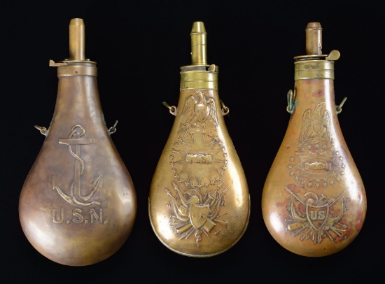 3 UNITED STATES MILITARY POWDER FLASKS.