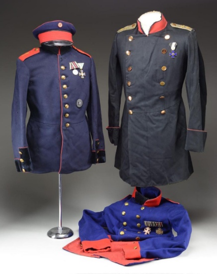 3 IMPERIAL GERMAN UNIFORMS WITH 1 OFFICER'S CAP.