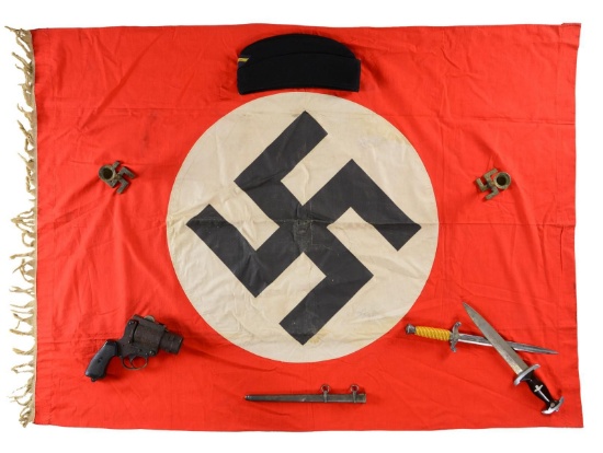 WWII GERMAN DAGGERS, HAT, FLAG, CANDLESTICKS, & A