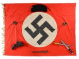 WWII GERMAN DAGGERS, HAT, FLAG, CANDLESTICKS, & A