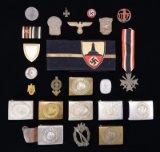 LARGE LOT OF WWII GERMAN BELT BUCKLES, TINNIES,