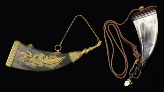 2 VINTAGE SCOTTISH FLAT POWDER HORNS.