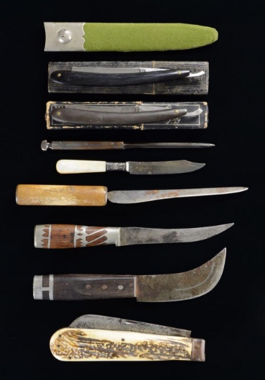 6 KNIVES, 2 STRAIGHT RAZORS, & A SHEATH.