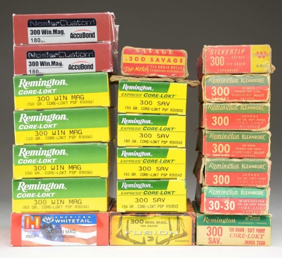 12 BOXES OF 300 WIN MAG., 300 SAVAGE & 30-30 AMMO.