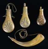 GROUP OF 3 POWDER FLASKS & 1 POWDER HORN.