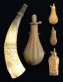 4 POWDER FLASKS & A POWDER HORN.