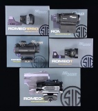 5 BOXED SIG SAUER RED DOT SIGHTS.