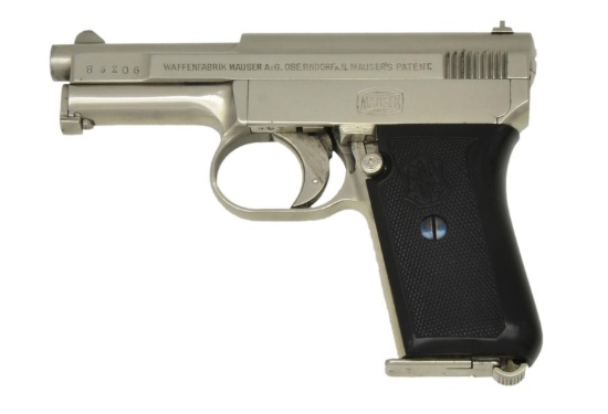 NICKEL MAUSER MODEL 1910 SEMI AUTO PISTOL.